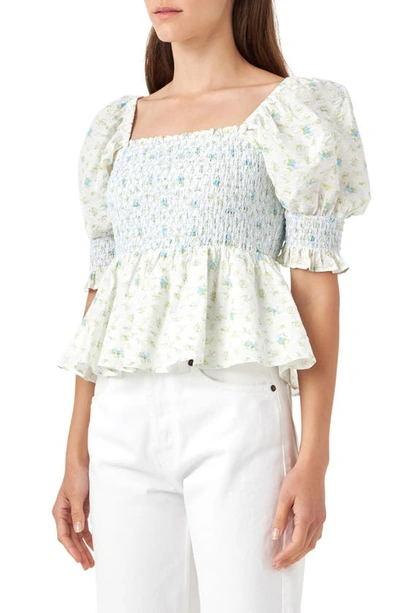 English Factory Floral Print Puff Sleeve Peplum Blouse In Blue Multi