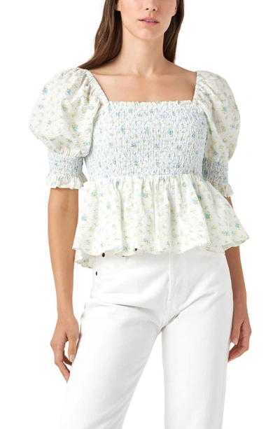 English Factory Floral Print Puff Sleeve Peplum Blouse In Blue Multi