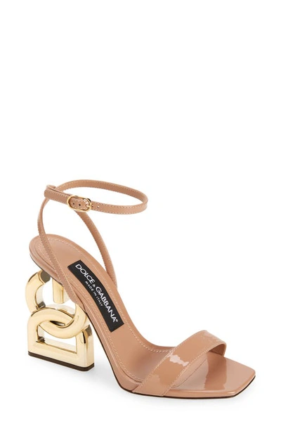 Shop Dolce & Gabbana Logo Heel Ankle Strap Sandal In Dark Beige