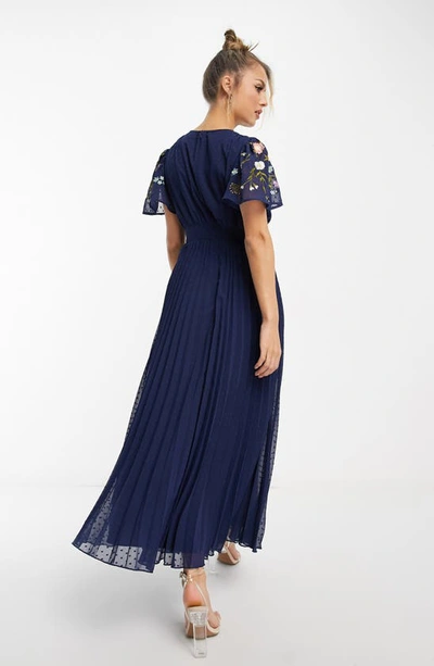 Shop Asos Design Floral Embroidered Clip Dot Chiffon Maxi Dress In Navy
