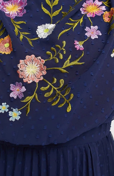 Shop Asos Design Floral Embroidered Clip Dot Chiffon Maxi Dress In Navy