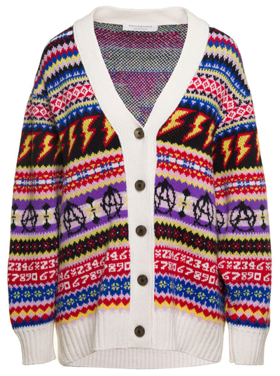 Shop Philosophy Di Lorenzo Serafini Oversized Multicolor Cardigan With Jacquard Motif And Logo In Wool Woman