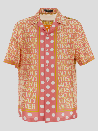 Shop Versace All-over Logo Informal Shirt In Pink+ivory