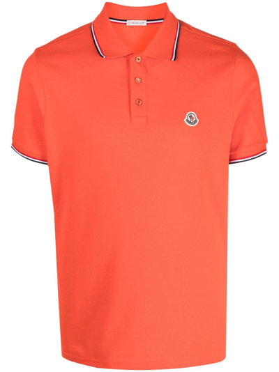 Shop Moncler Logo-patch Striped Cotton Polo Shirt In Orange