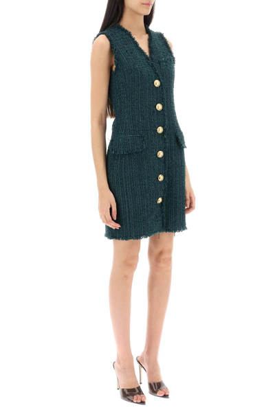 Shop Balmain Mini Dress In Tweed In Vert Fonce (green)