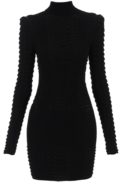 Shop Balmain Turtleneck Mini Dress In Texturized Knit In Noir (black)