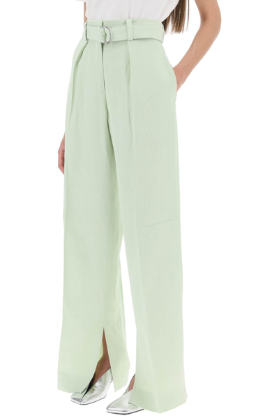 Shop Jil Sander Belted Linen Blend Trousers In Tea Green (green)