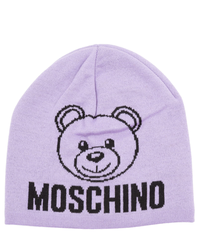 Shop Moschino Teddy Bear Wool Beanie In Lilac