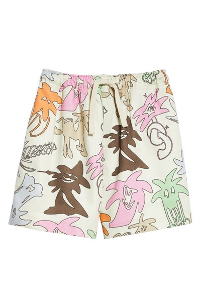 Shop Palm Angels Palmity Print Linen & Cotton Shorts In Butter Multi