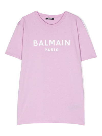 Shop Balmain Logo-print Cotton T-shirt In Purple