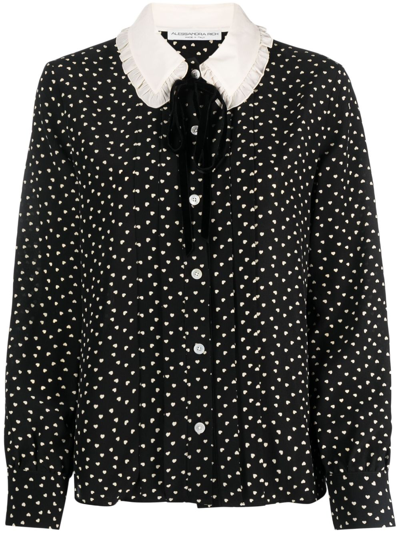 Shop Alessandra Rich Heart-print Velvet-bow Silk Blouse In Black