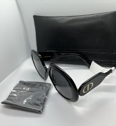 Pre-owned Dior Women's Bobby 56mm Round Sunglasses - With Box & Case - Black In Gray