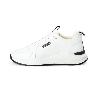Pre-owned Versace Men's White Canvas Leather Logo Sneakers Shoes