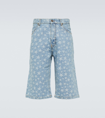 Shop Erl Jacquard Cotton Denim Shorts In Blue