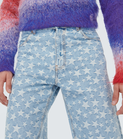 Shop Erl Jacquard Cotton Denim Shorts In Blue