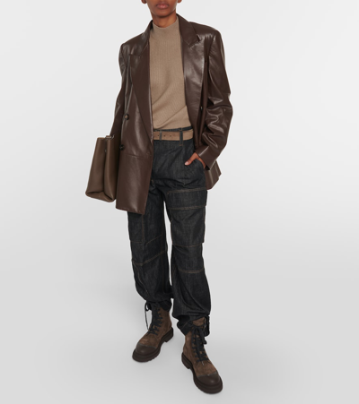Shop Brunello Cucinelli Double-breasted Leather Blazer In Brown