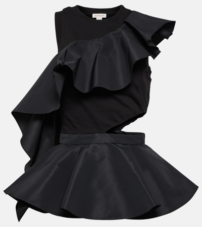 Shop Alexander Mcqueen Asymmetrical Cutout Cotton Top In Black