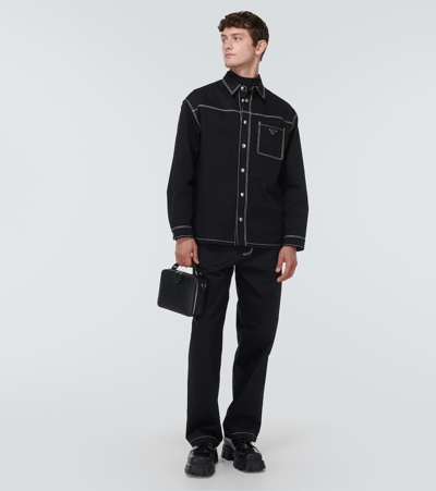 Prada Embroidered Straight Cotton Pants In Black