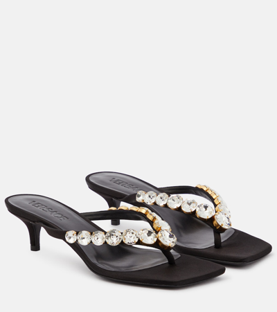 Shop Versace High Summer Embellished Satin Thong Sandals In Black