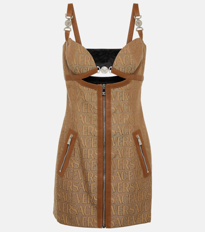 Shop Versace Allover Leather-trimmed Cutout Minidress In Brown