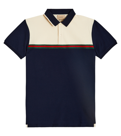 Shop Gucci Web Stripe Cotton-blend Polo Top In Blue