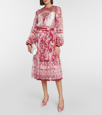 Shop Dolce & Gabbana Majolica Silk Chiffon Midi Dress In Pink