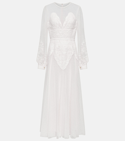 Shop Elie Saab Lace-trimmed Midi Dress In White