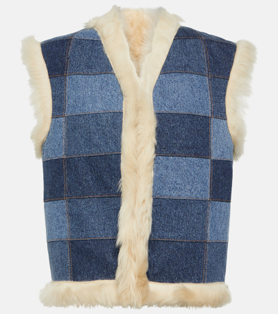 Shop Chloé Shearling-trimmed Denim Vest In Blue