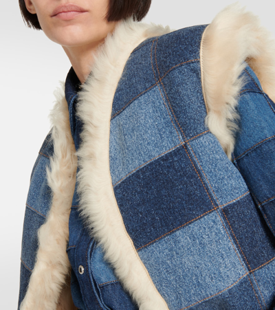 Shop Chloé Shearling-trimmed Denim Vest In Blue