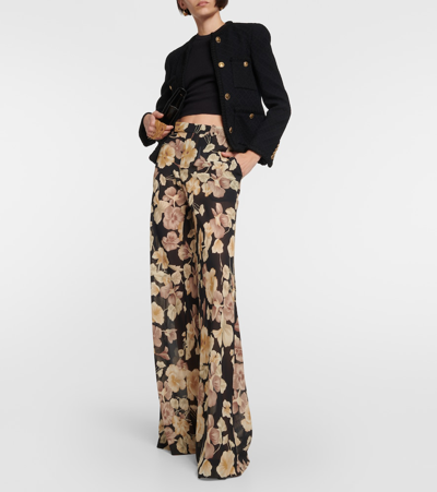 Shop Saint Laurent Wide Leg Floral Silk Pants In Black