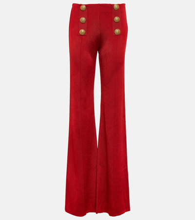 Shop Balmain High-rise Flared Knit Pants In Red