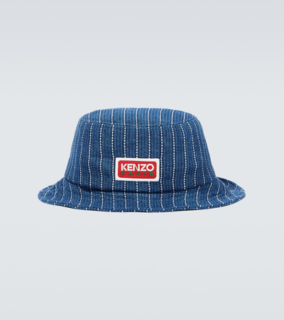 Shop Kenzo Logo Denim Bucket Hat In Blue