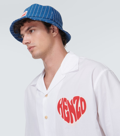Shop Kenzo Logo Denim Bucket Hat In Blue