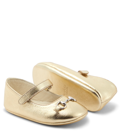 Shop Gucci Baby Horsebit Leather Ballet Flats In Gold