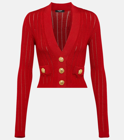 Shop Balmain Cropped Embellished Knit Cardigan In Red