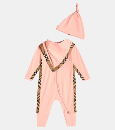 Shop Burberry Baby  Check Romper, Beanie And Bib Set In Pink