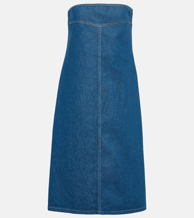 Ferragamo Strapless Cotton Denim Midi Dress In Blue