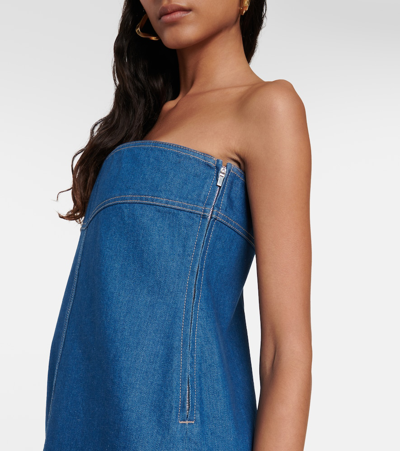 Ferragamo Strapless Cotton Denim Midi Dress In Blue