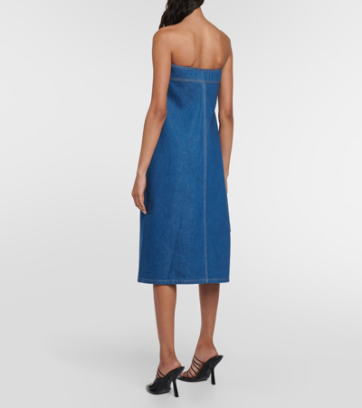 Ferragamo Strapless Cotton Denim Midi Dress In Blue