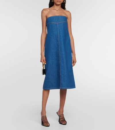 Ferragamo Strapless Cotton Denim Midi Dress In Blue