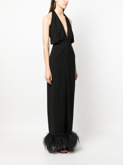Shop 16arlington Isolde Feather-trim Halterneck Dress In Black
