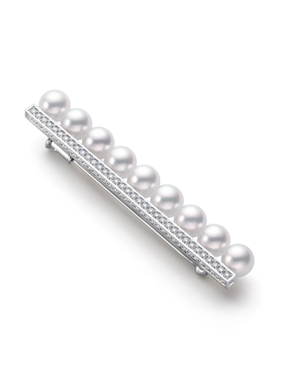 Shop Tasaki 18kt White Gold Collection Line Balance Iconic Diamond And Akoya Pearl Brooch In Silver
