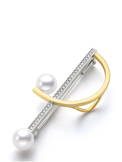 Shop Tasaki 18kt Yellow And White Gold Collection Line Kinetic Diamond And Pearl Brooch