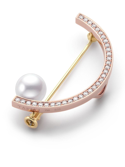 Shop Tasaki 18kt Yellow And Rose Gold Collection Line Kinetic Diamond And Pearl Brooch