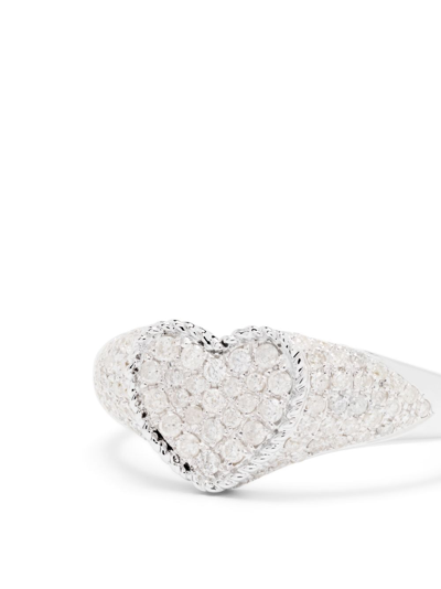 Shop Yvonne Léon 9kt White Gold Baby Chevalier Coeur Diamond Signet Ring In Silver
