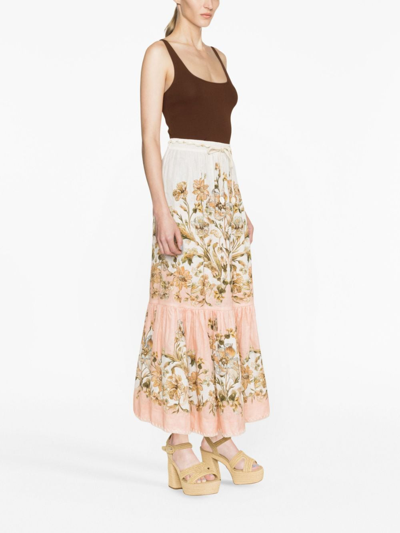 Shop Zimmermann Floral Print Linen Midi Skirt In Pink