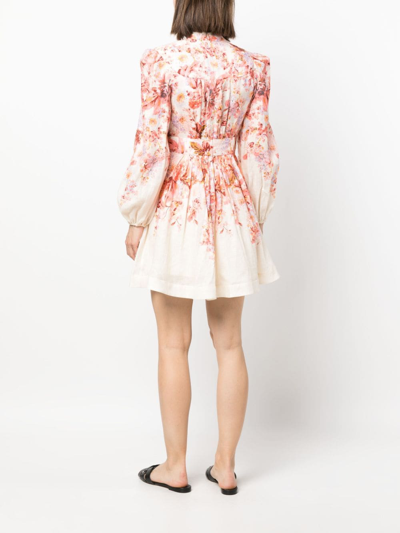 Shop Zimmermann Floral Print Linen Mini Dress In Beige