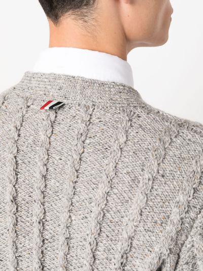 Shop Thom Browne 4-bar Cable Knit Wool Cardigan In Grey