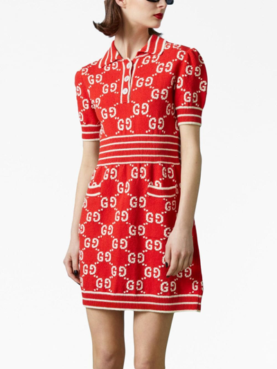 Shop Gucci Gg Damier-jacquard Polo Dress In Rot
