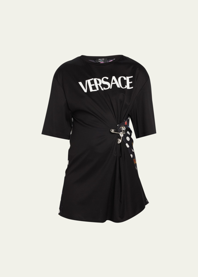 Shop Versace X Dua Lipa Pin-tucked Jersey T-shirt With Silk Printed Back In Black Multicolor